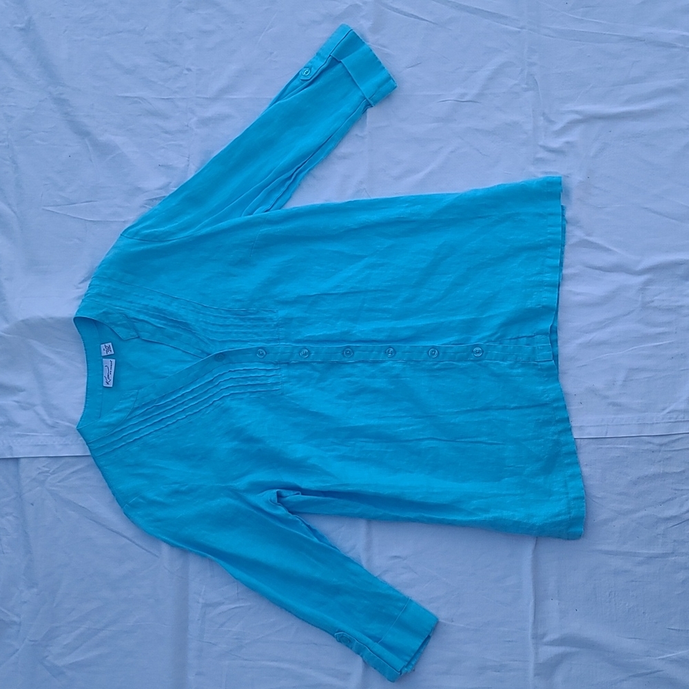 Linen Kim Rodgers Aqua blue green button down tunic 3/4 sleeves size medium